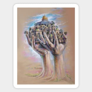 Save Jerusalem Al Aqsa Painting, Palestinian Resistance Hands Holding Al Quds Old City Magnet